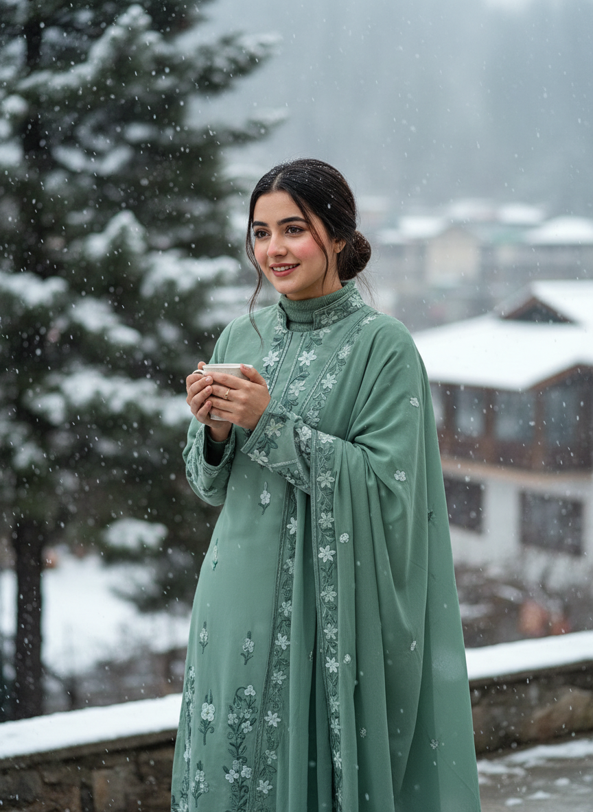 Sage Green Georgette Kashmiri Work Suit Set with Matching Duaptta