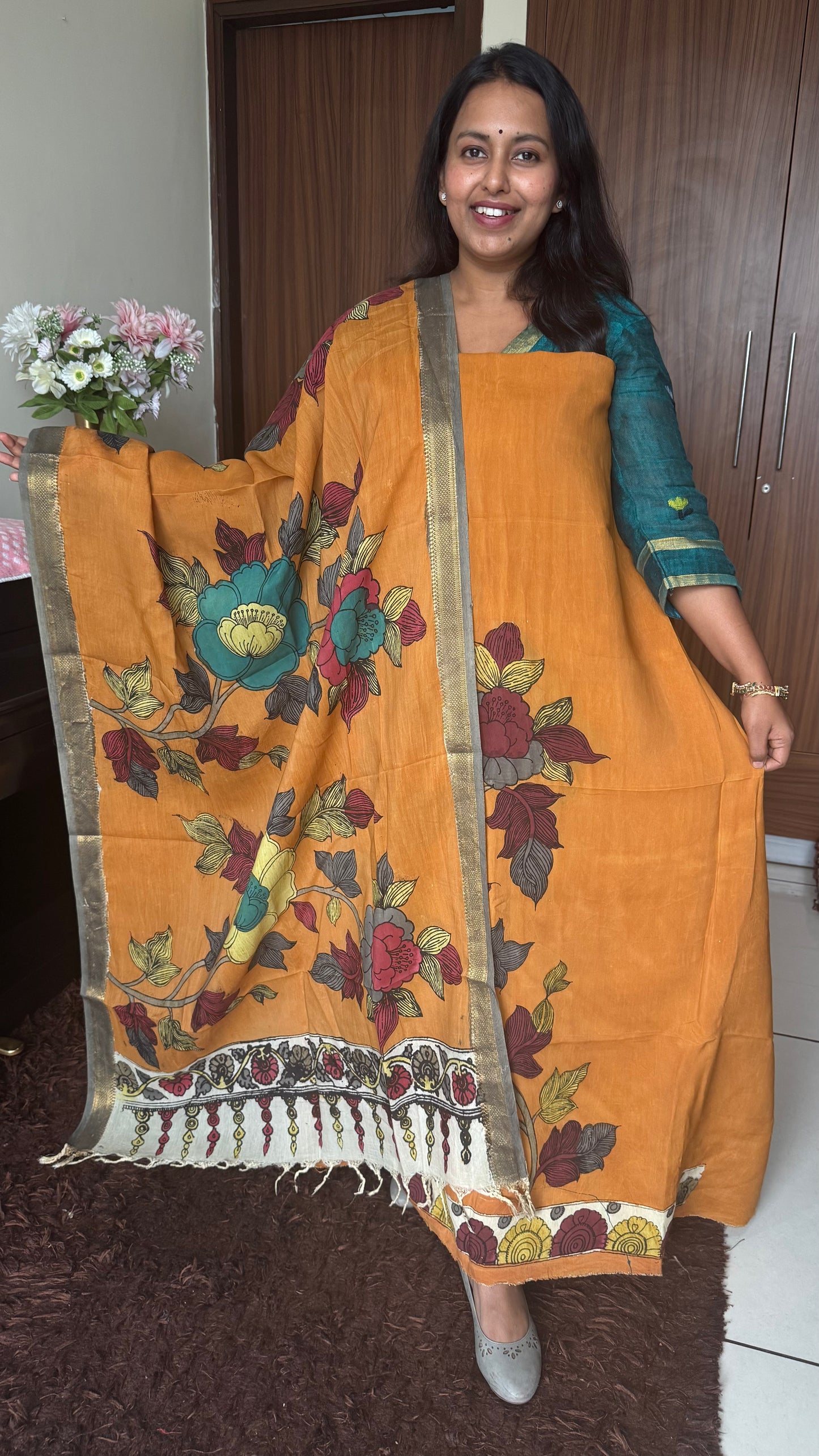 Mustard Shade Bangalore Cotton Silk Kurta Dupatta-Kalamkari Art