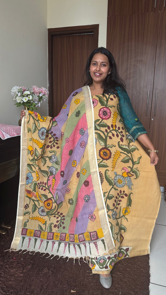Biscuit Brown Bangalore Cotton Silk Kurta Dupatta-Kalamkari Art