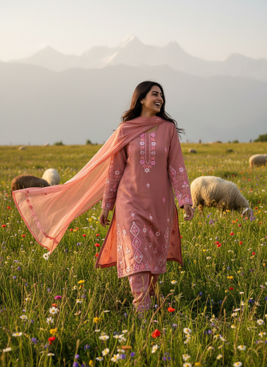 Salmon Pink Georgette Kashmiri Work Suit Set with Matching Duaptta `