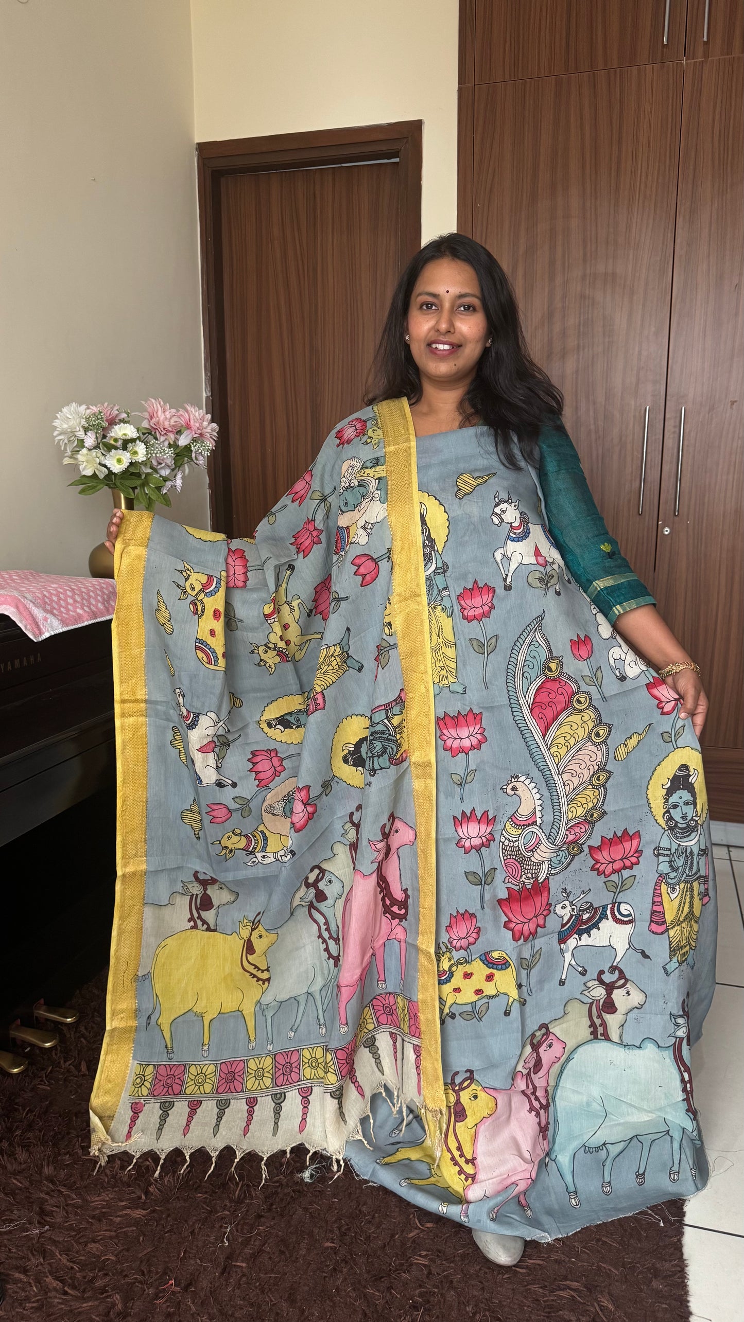 Steel Grey Bangalore Cotton Silk Kurta Dupatta-Kalamkari Art