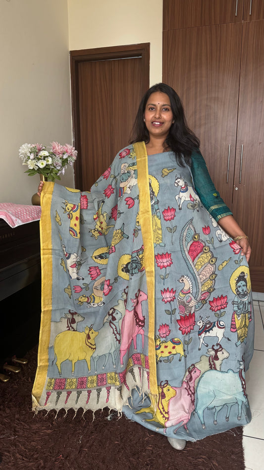 Steel Grey Bangalore Cotton Silk Kurta Dupatta-Kalamkari Art