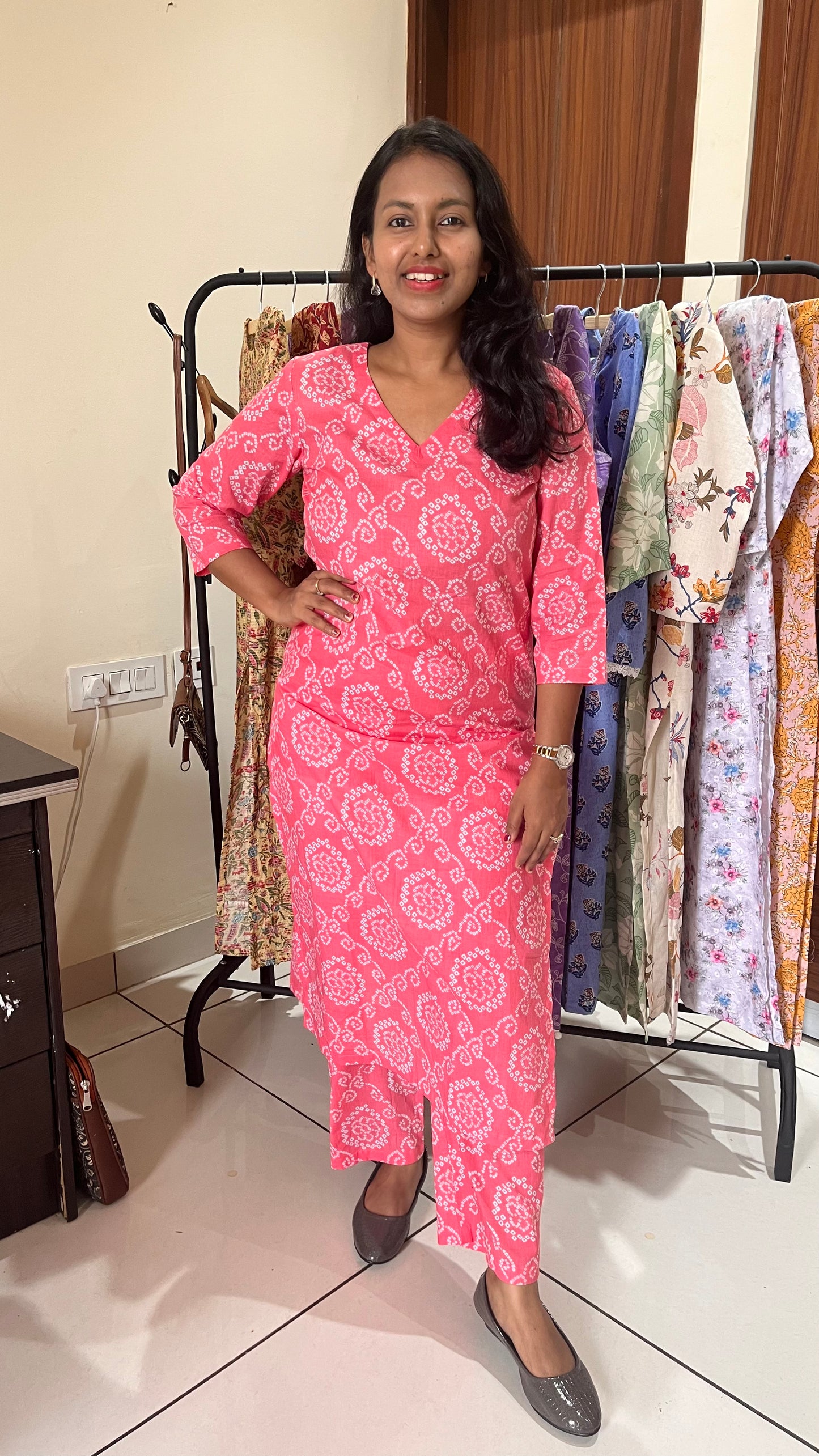 Pink Dotted Bandhej Print Pure Cotton Kurta and Pant Set