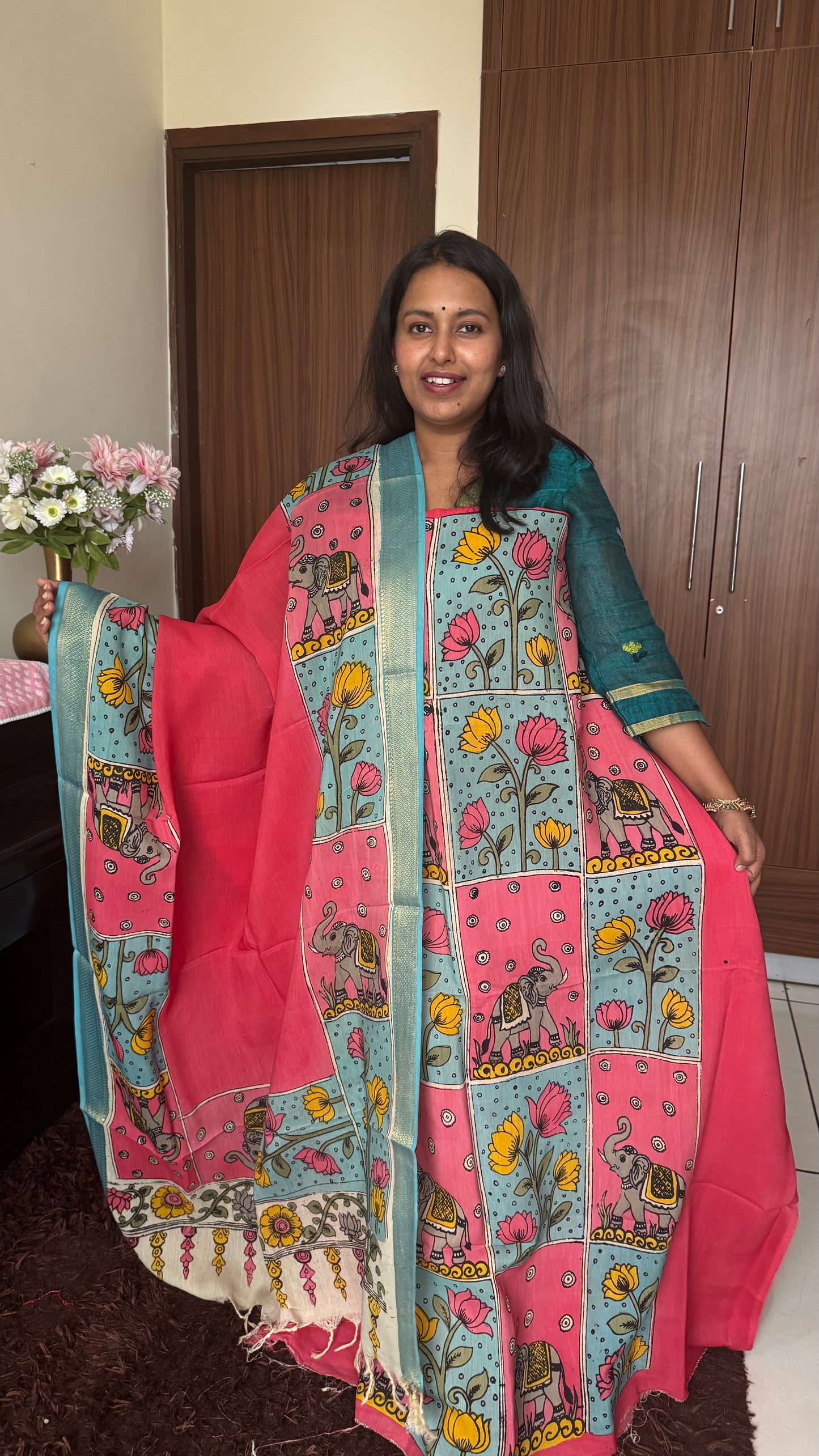 Gajari Pink Bangalore Cotton Silk Kurta Dupatta-Kalamkari Art