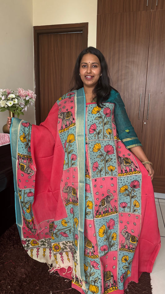 Gajari Pink Bangalore Cotton Silk Kurta Dupatta-Kalamkari Art