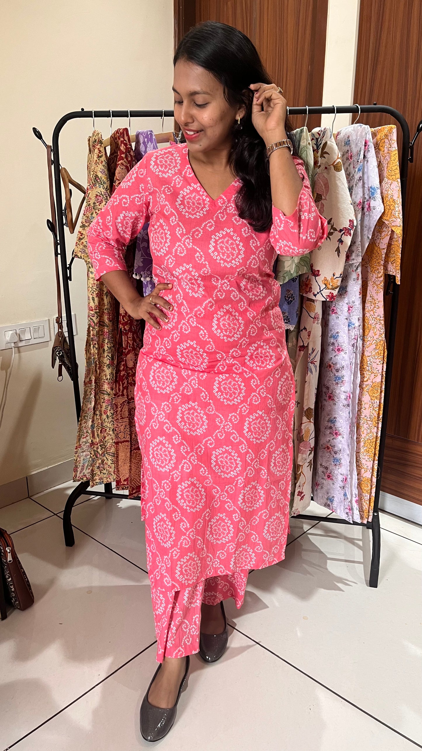 Pink Dotted Bandhej Print Pure Cotton Kurta and Pant Set