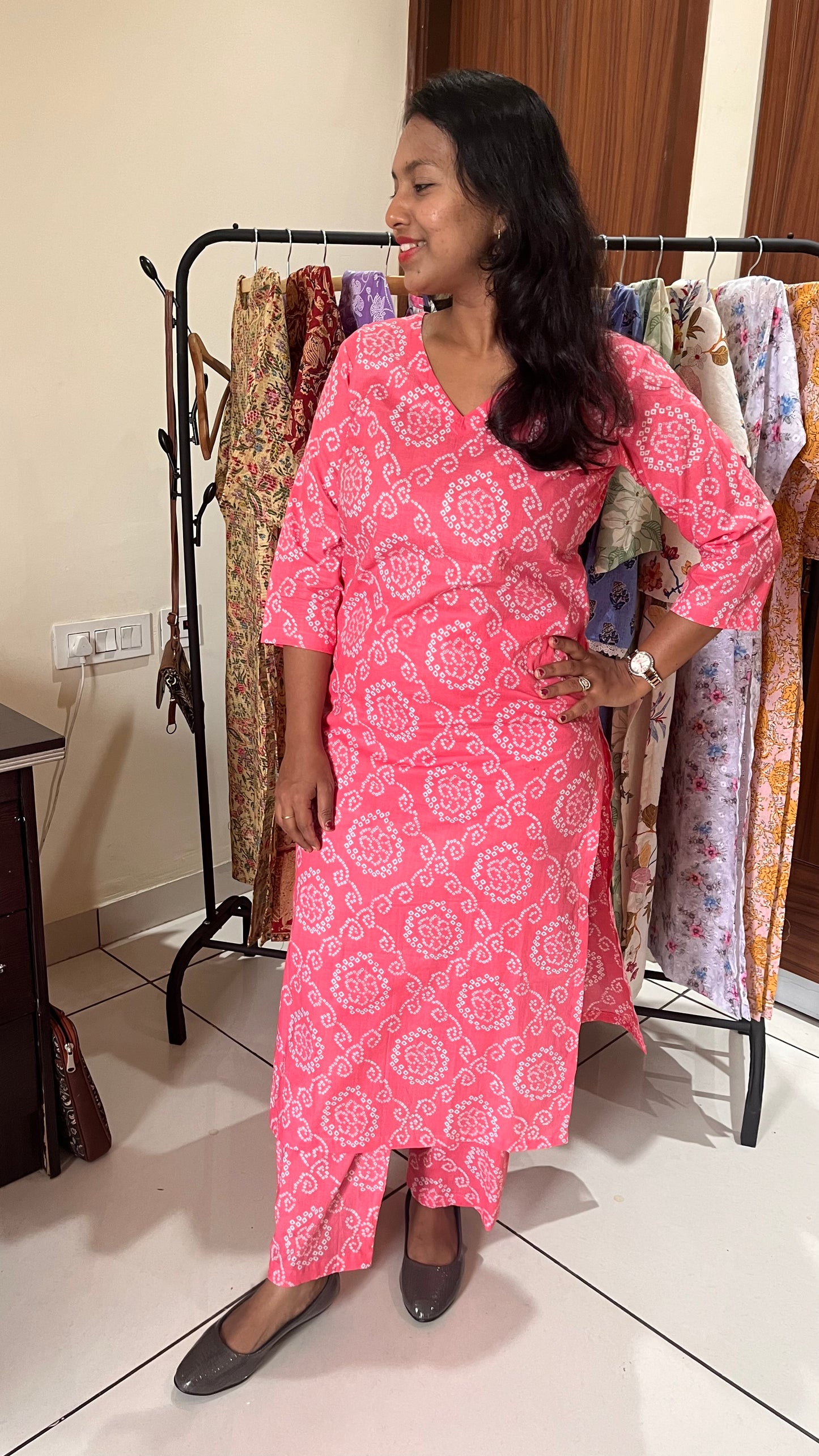 Pink Dotted Bandhej Print Pure Cotton Kurta and Pant Set