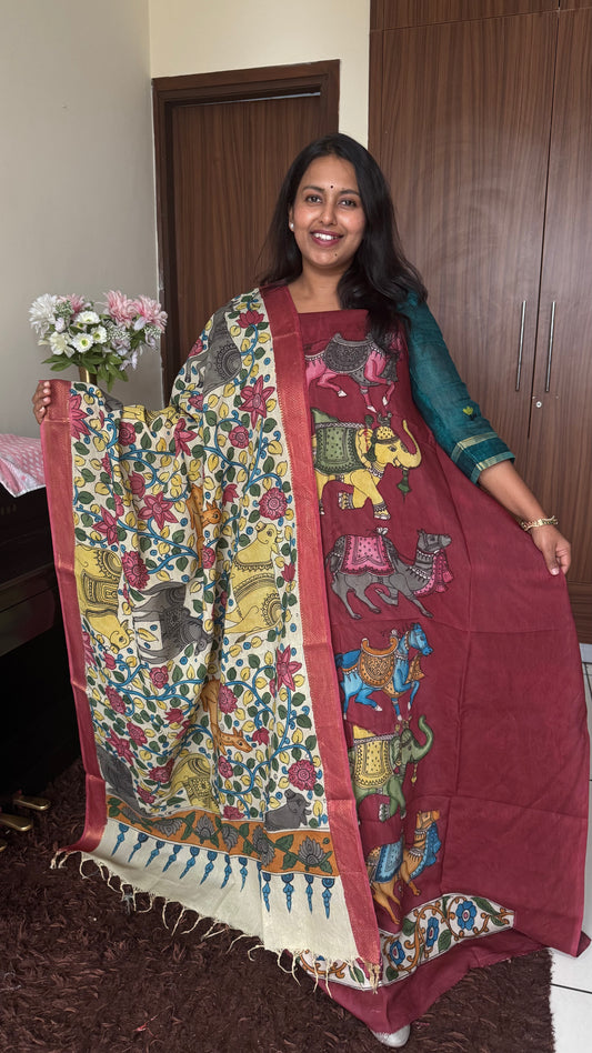 Maroon Brown Bangalore Cotton Silk Kurta Dupatta-Kalamkari Art