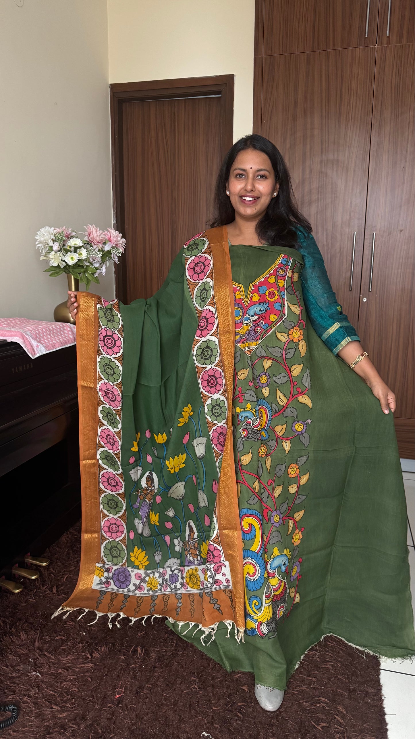 Forest Green Bangalore Cotton Silk Kurta Dupatta-Kalamkari Art