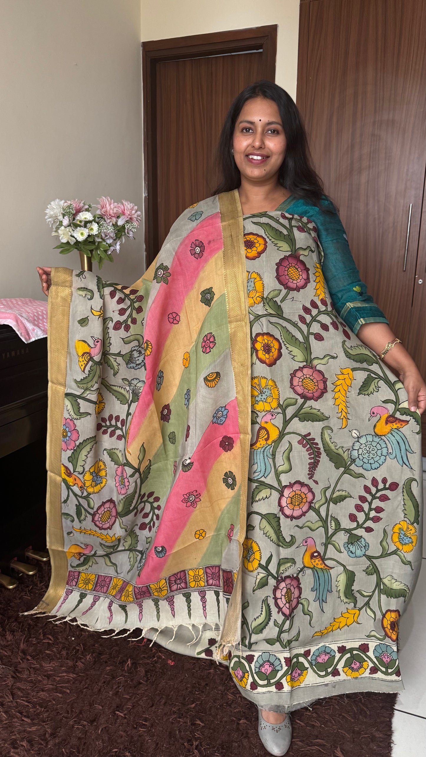 Light Grey Bangalore Cotton Silk Kurta Dupatta-Kalamkari Art
