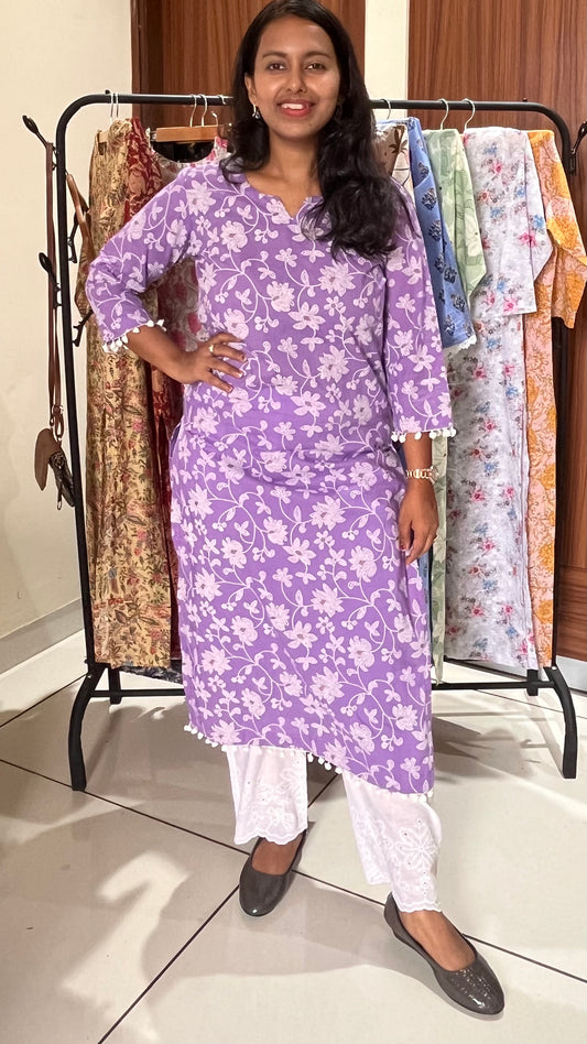 Lavender Rie Bandhej Dotted Pure Cotton Kurti