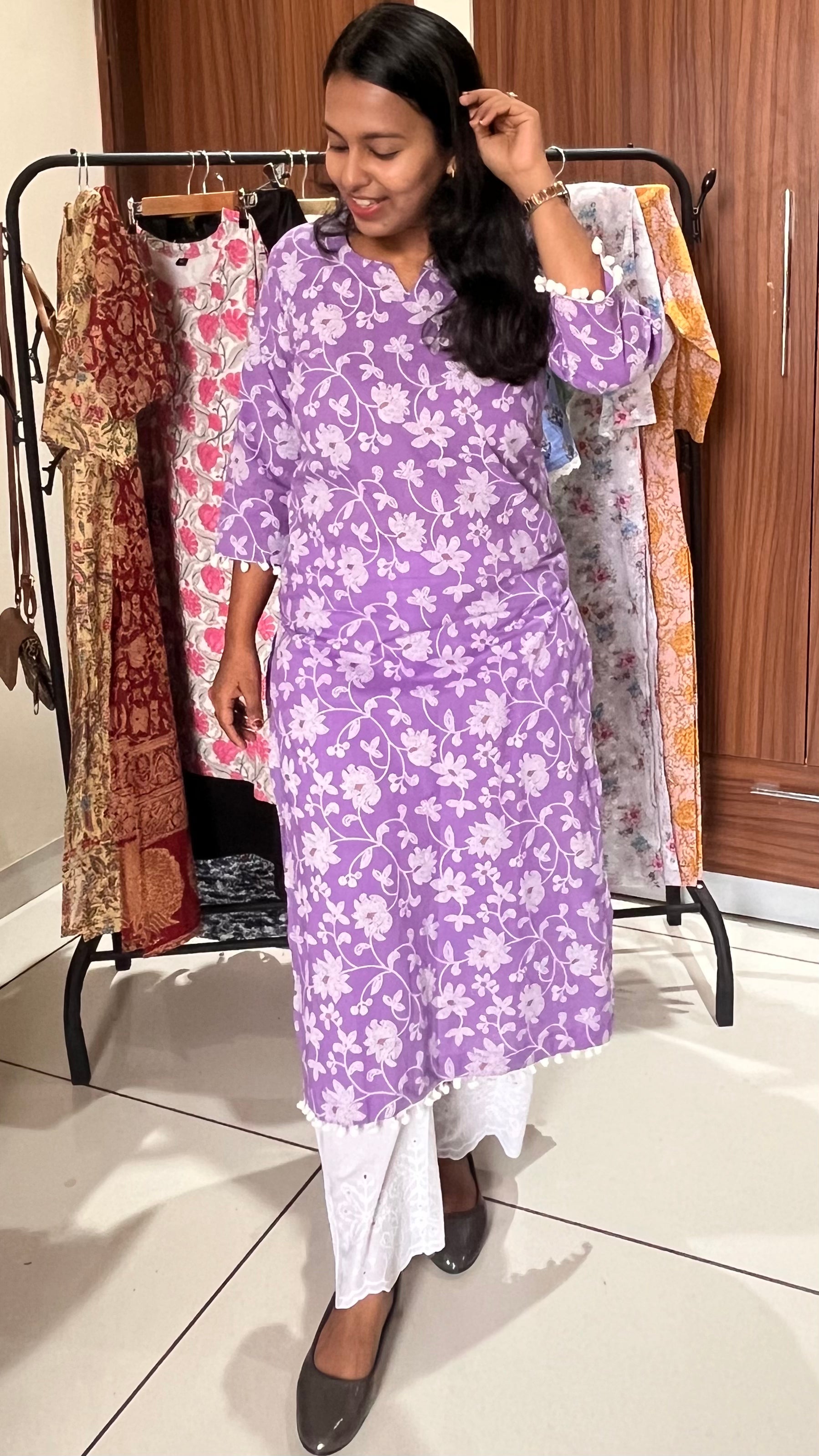 Lavender Rie Bandhej Dotted Pure Cotton Kurti