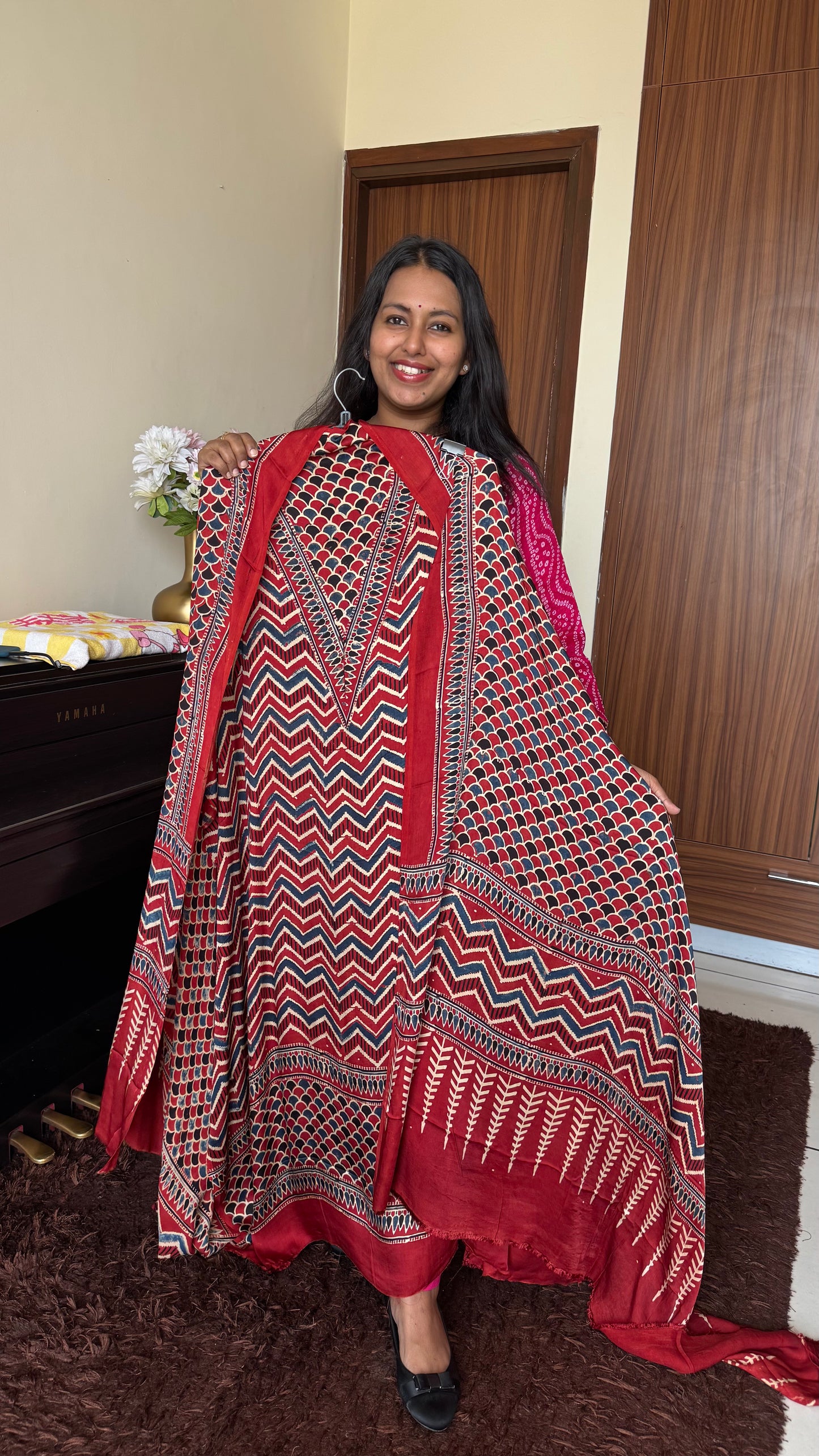 Red Shade ZigZag Motif Modal Silk Ajrakh Hand Block 2 pc Suit with Modal Silk Dupatta