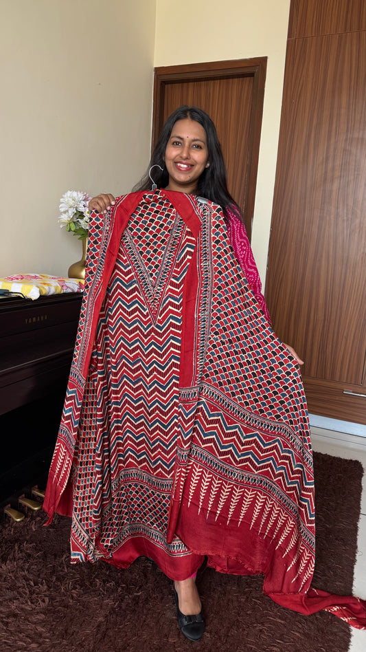Red Shade ZigZag Motif Modal Silk Ajrakh Hand Block 2 pc Suit with Modal Silk Dupatta