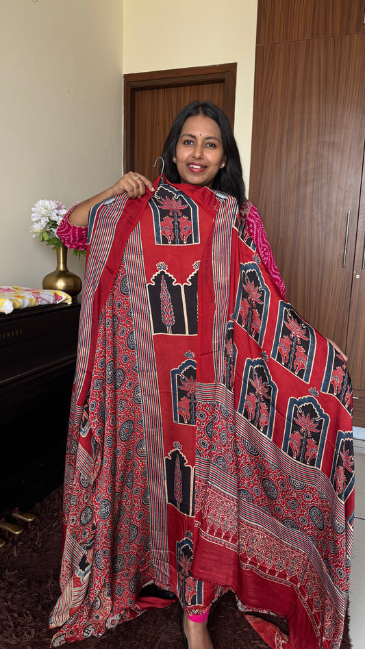 Red Shade Jharokha Motif Modal Silk Ajrakh Hand Block 2 pc Suit with Modal Silk Dupatta