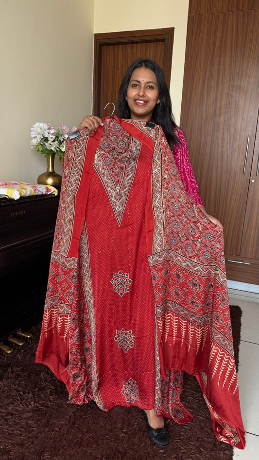 Red Shade Triangle Star Motif Modal Silk Ajrakh Hand Block 2 pc Suit with Modal Silk Dupatta