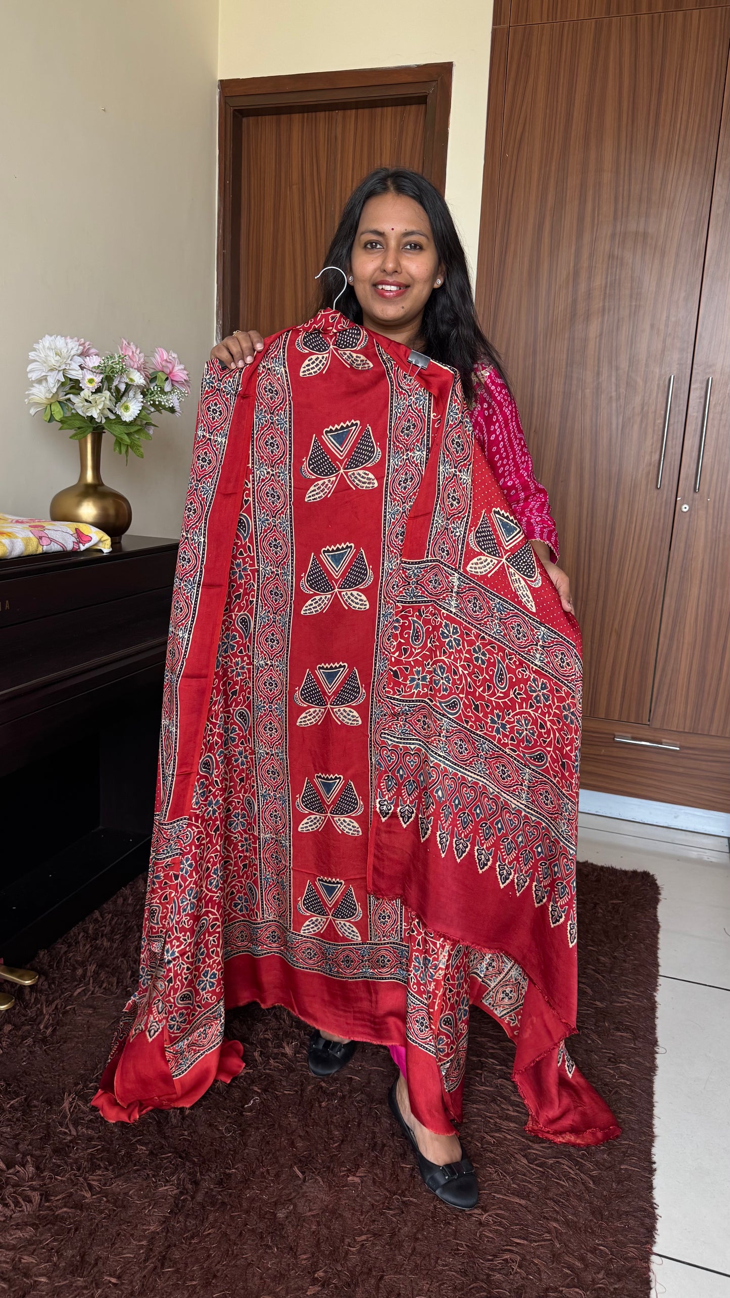 Red Shade Blooming Bud Motif Modal Silk Ajrakh Hand Block 2 pc Suit with Modal Silk Dupatta