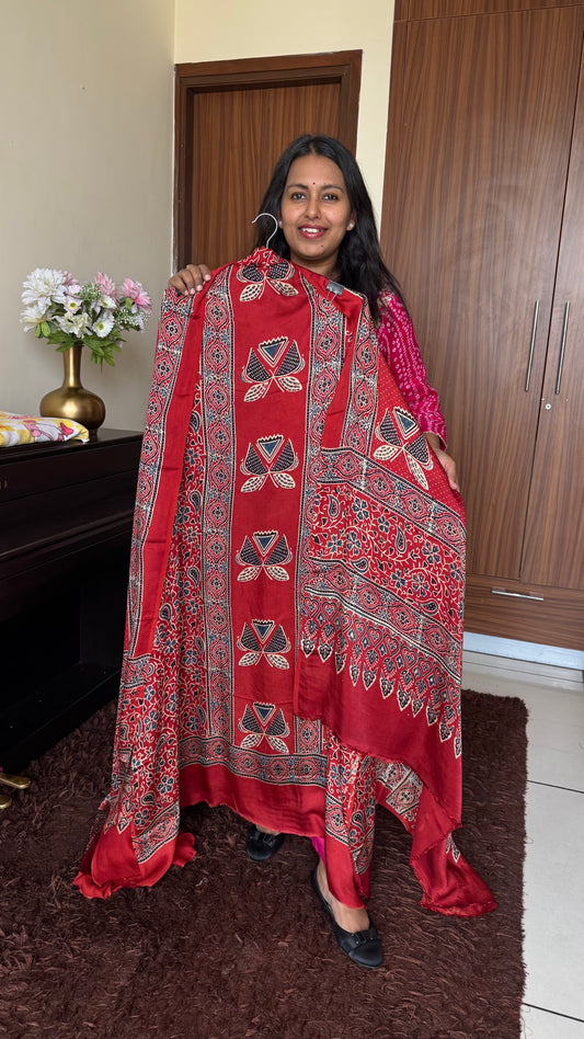 Red Shade Blooming Bud Motif Modal Silk Ajrakh Hand Block 2 pc Suit with Modal Silk Dupatta