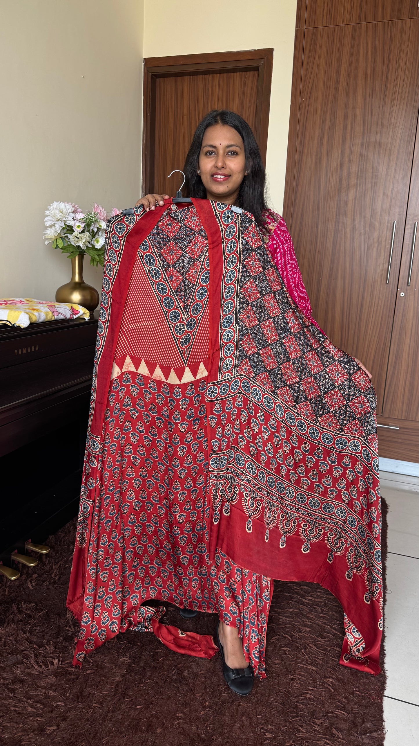Red Shade Triangle Cut Motif Modal Silk Ajrakh Hand Block 2 pc Suit with Modal Silk Dupatta