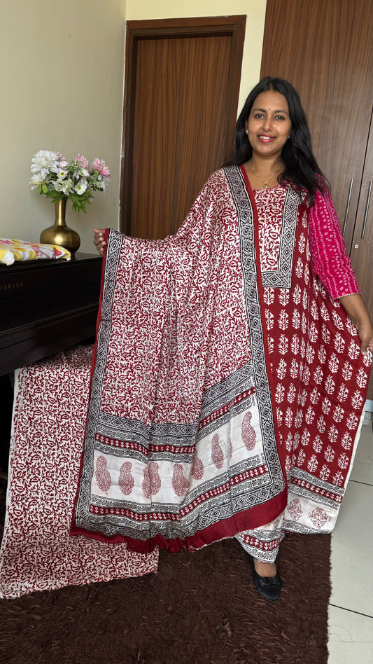 White Shade Flower Jaal Motif Bagh Handblock Modal Silk Suit Set - 3 Piece