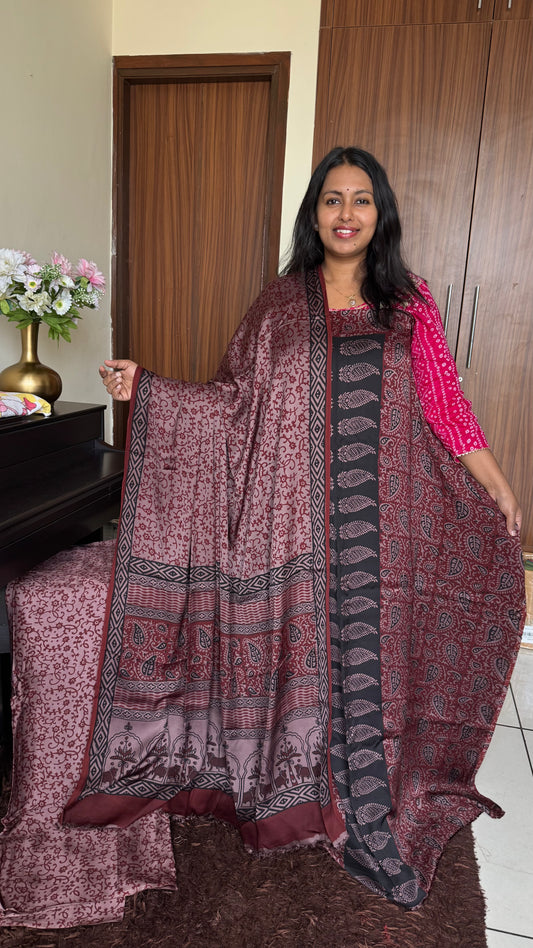 Maroon Brown Leaves Jaal Motif Bagh Handblock Modal Silk Suit Set - 3 Piece