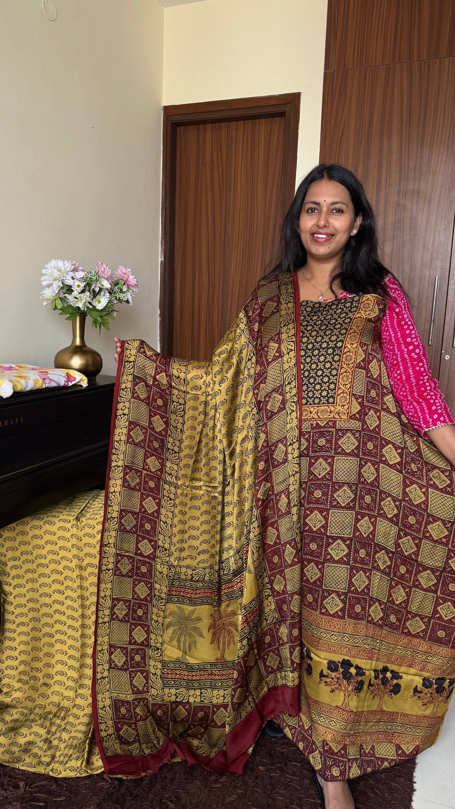 Mustard Shade Square Diamond Motif Bagh Handblock Modal Silk Suit Set - 3 Piece