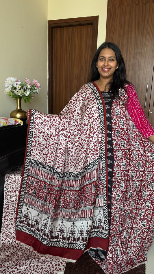 White Shade Leaves Jaal Motif Bagh Handblock Modal Silk Suit Set - 3 Piece