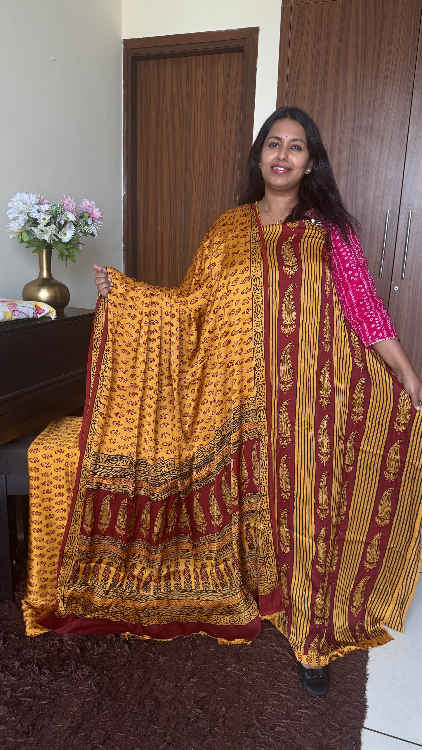 Mustard Yellow Big Leaf Motif Bagh Handblock Modal Silk Suit Set - 3 Piece