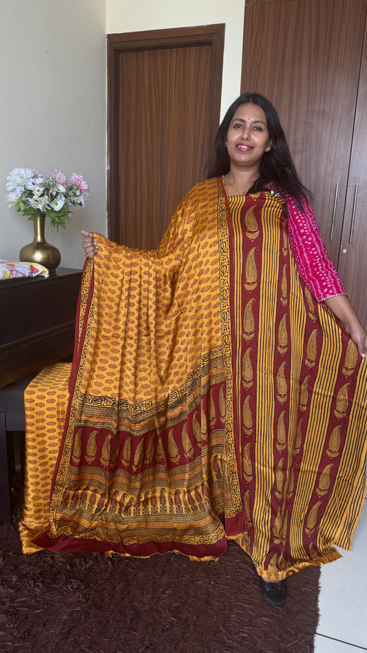 Mustard Yellow Big Leaf Motif Bagh Handblock Modal Silk Suit Set - 3 Piece