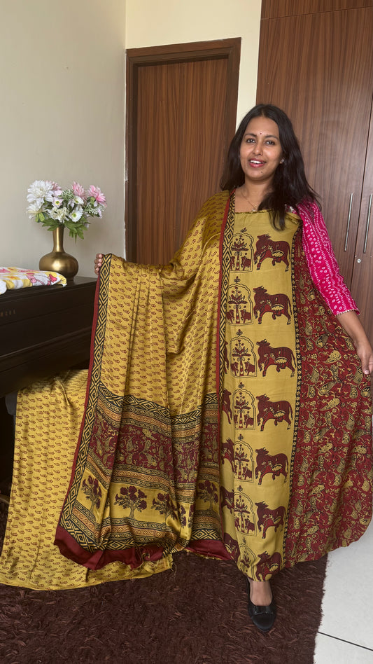 Mustard Yellow Kamdhenu Motif Bagh Handblock Modal Silk Suit Set - 3 Piece