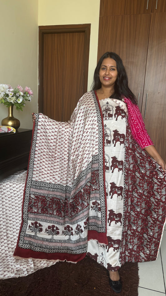 White Shade Kamdhenu Motif Bagh Handblock Modal Silk Suit Set - 3 Piece