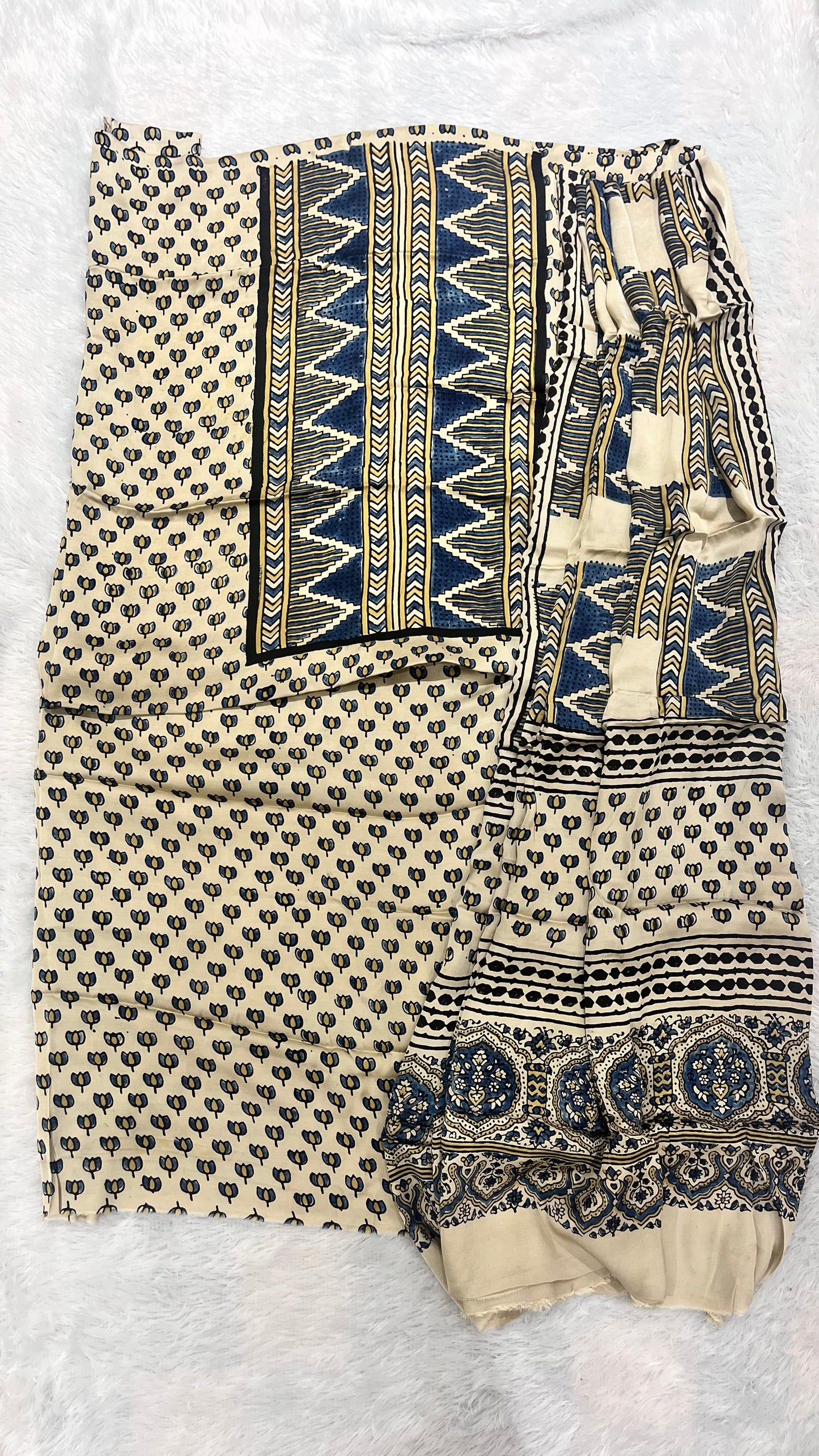 Off white Kamal Buti Motif Modal Silk Hand Block Print 2pc Suit Material Set