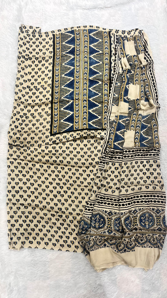 Off white Kamal Buti Motif Modal Silk Hand Block Print 2pc Suit Material Set
