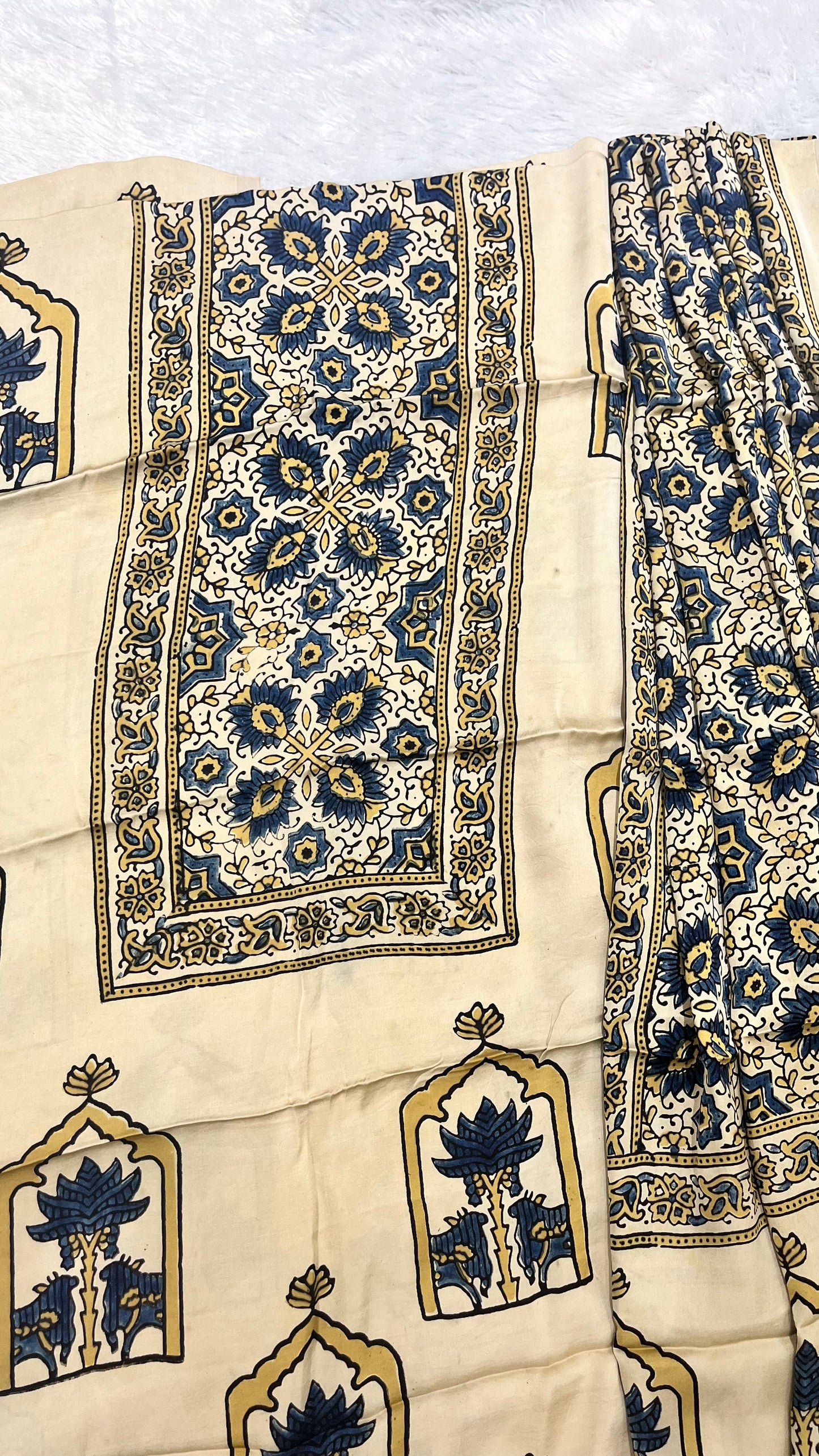 Off White Kamdhenu and Jharokha Motif Modal Silk Suit Material with Ajrakh Modal Dupatta