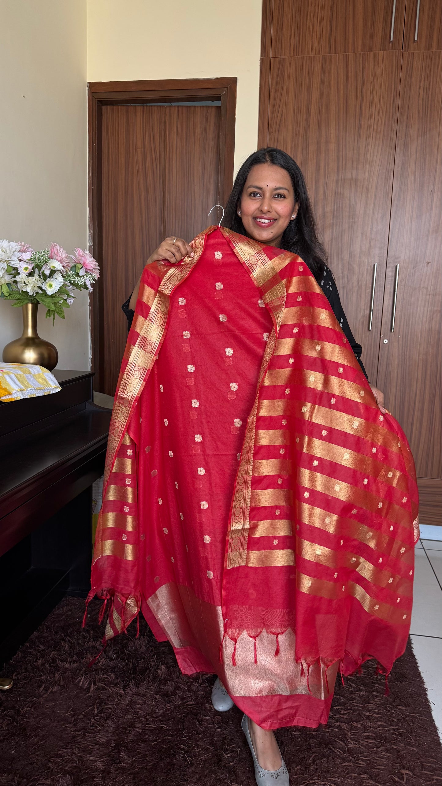 Sindoori Red Semi Chanderi 3 Piece Suit Set with Zari Thread Work and Tissue Daman