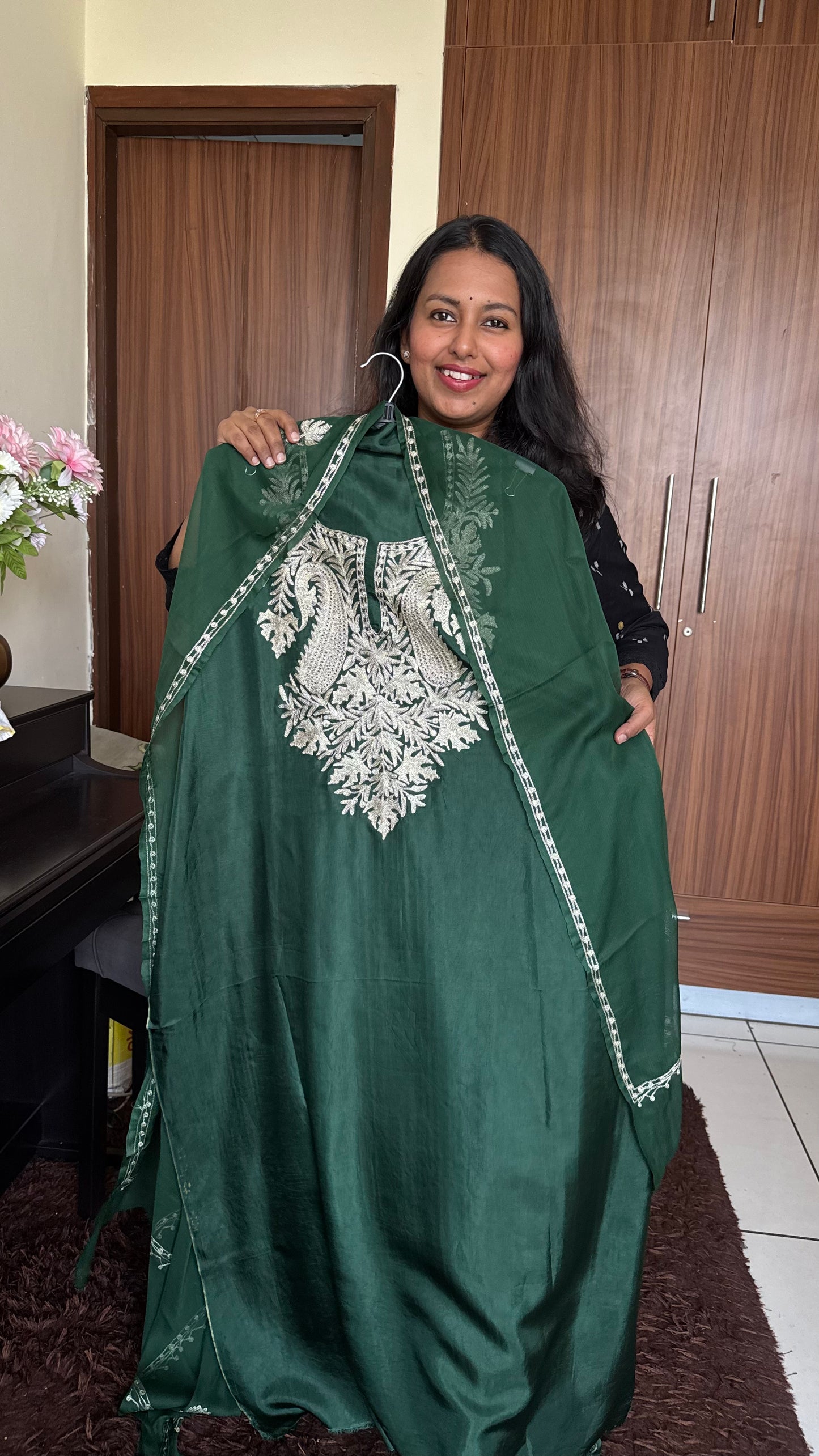Forest Green Uppada Silk 3 Piece Suit Set with Kashmiri Tilla Embroidery