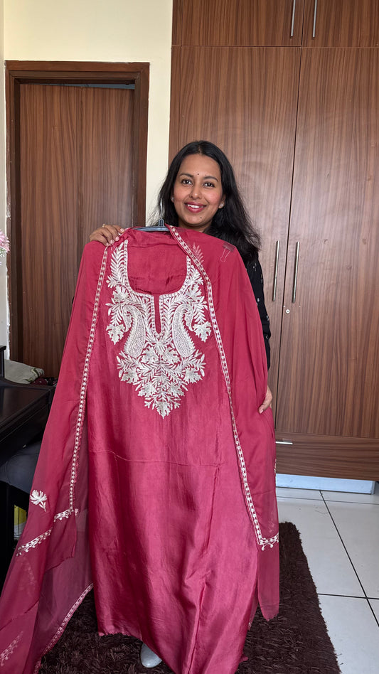 Gajari Red Uppada Silk 3 Piece Suit Set with Kashmiri Tilla Embroidery