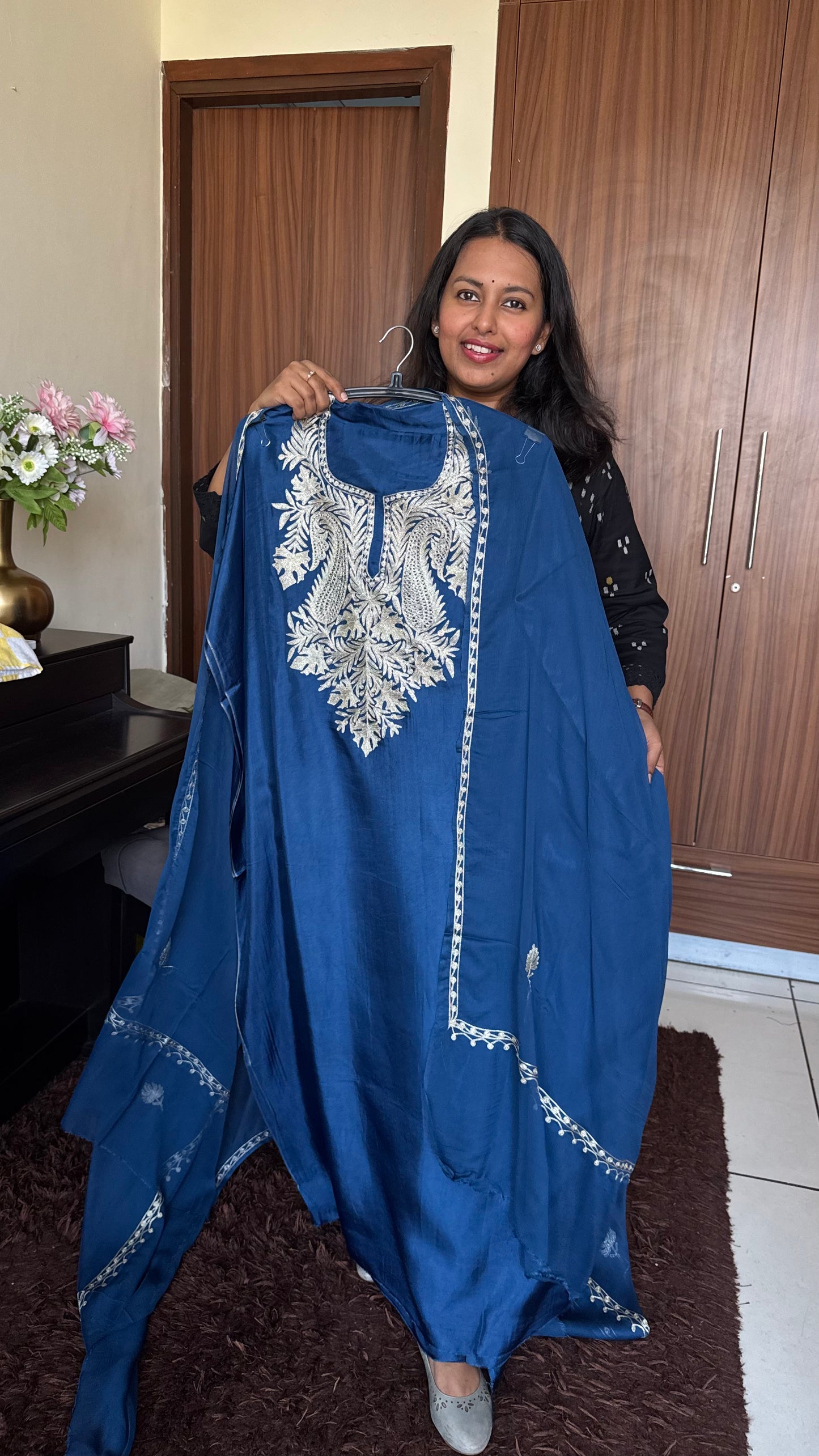Royal Blue Uppada Silk 3 Piece Suit Set with Kashmiri Tilla Embroidery