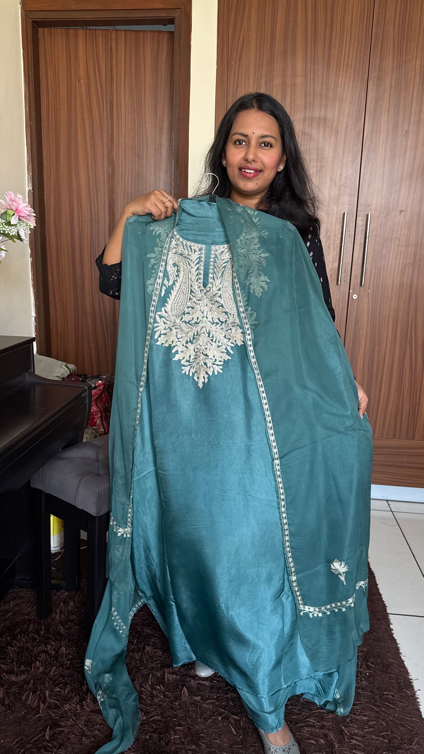 Cyan Blue Uppada Silk 3 Piece Suit Set with Kashmiri Tilla Embroidery