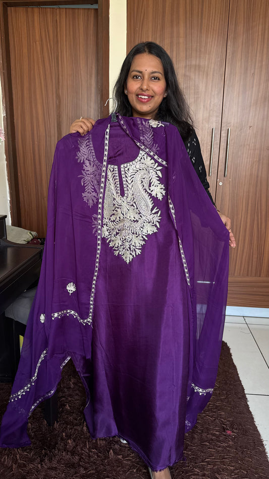 Faalsi Purple Uppada Silk 3 Piece Suit Set with Kashmiri Tilla Embroidery