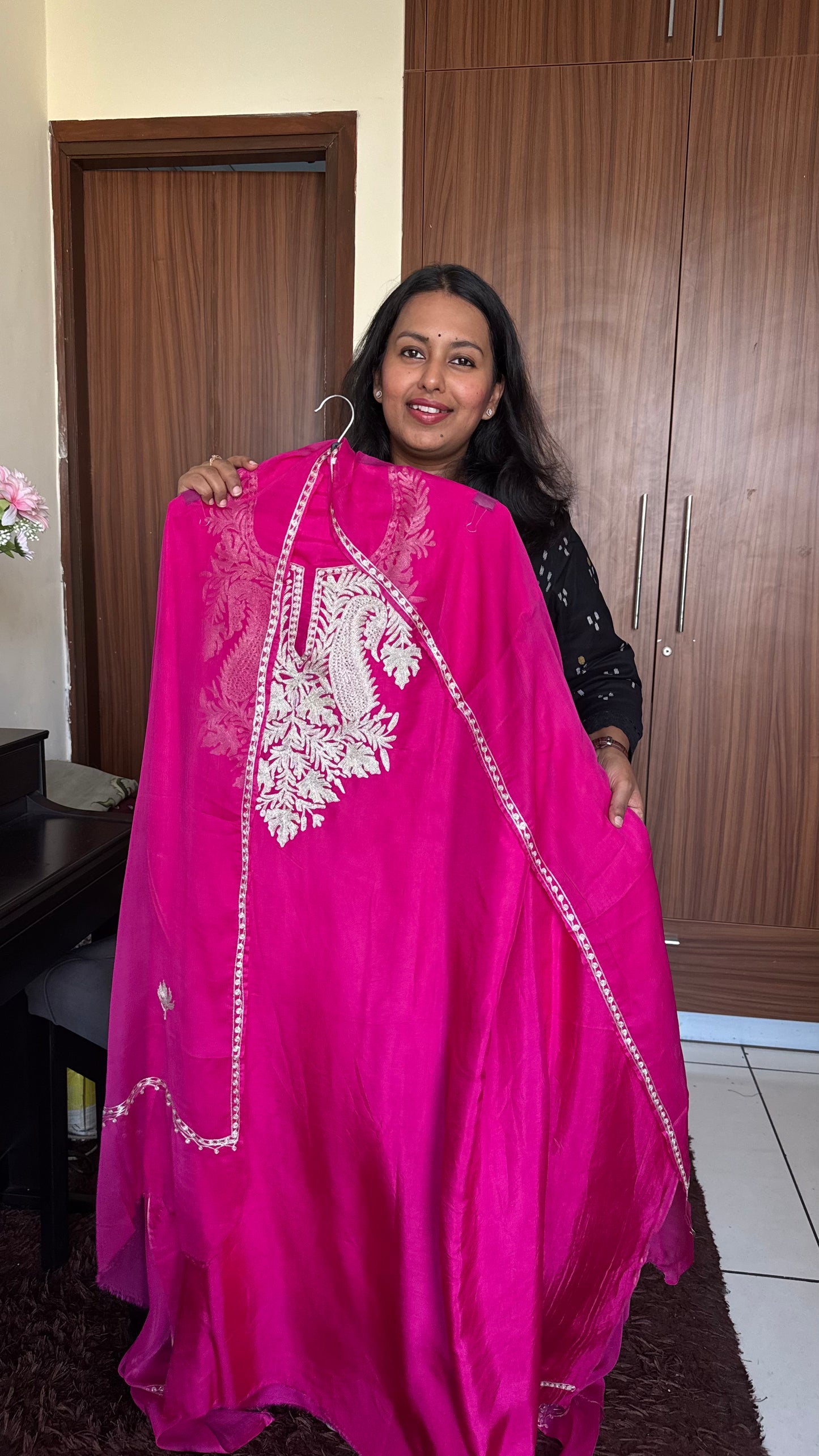 Rani Pink Uppada Silk 3 Piece Suit Set with Kashmiri Tilla Embroidery