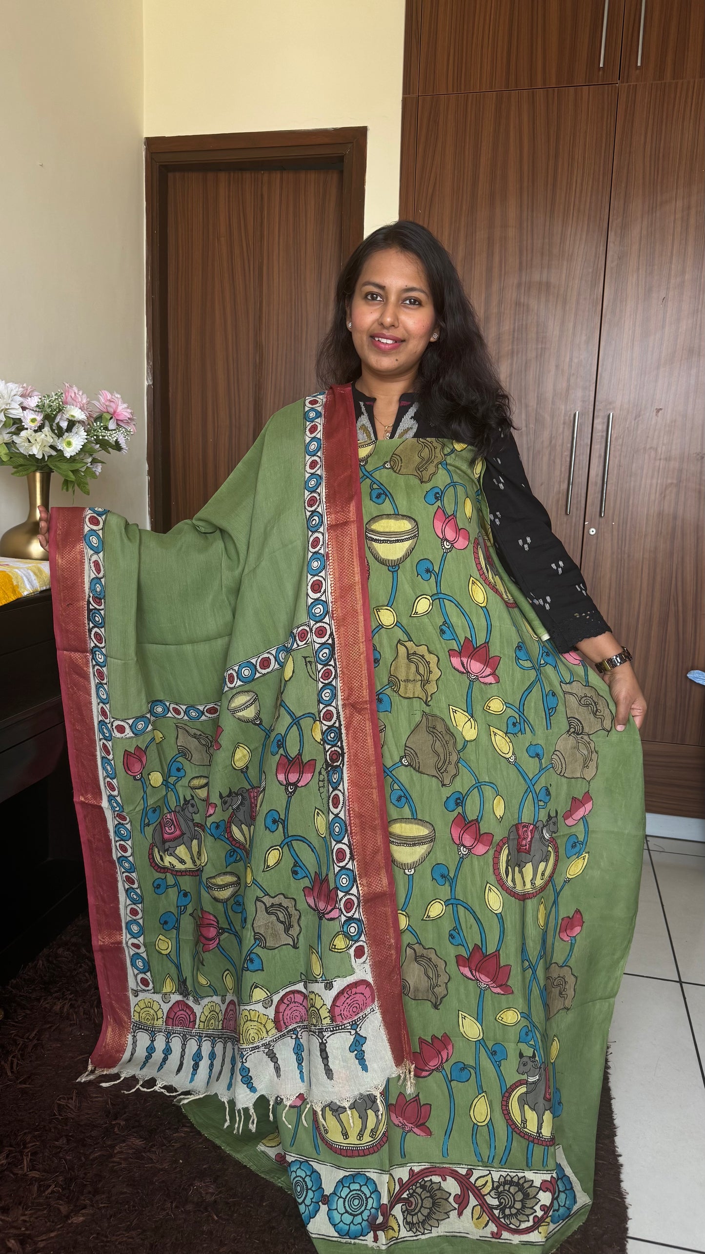Forest Green Bangalore Cotton Silk Kurta Dupatta-Kalamkari Art