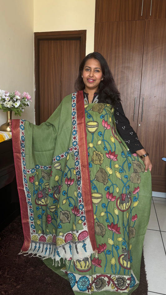 Forest Green Bangalore Cotton Silk Kurta Dupatta-Kalamkari Art