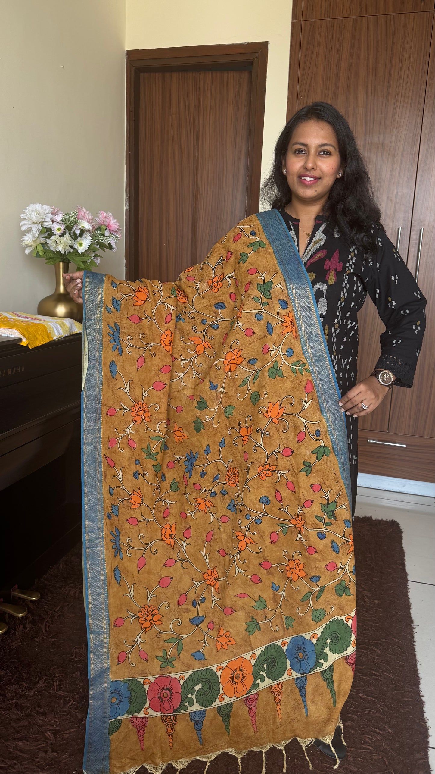Mustard Brown Multicolour Flowers Hand-painted Kalamkari Bangalore Silk Dupatta with Zari Border