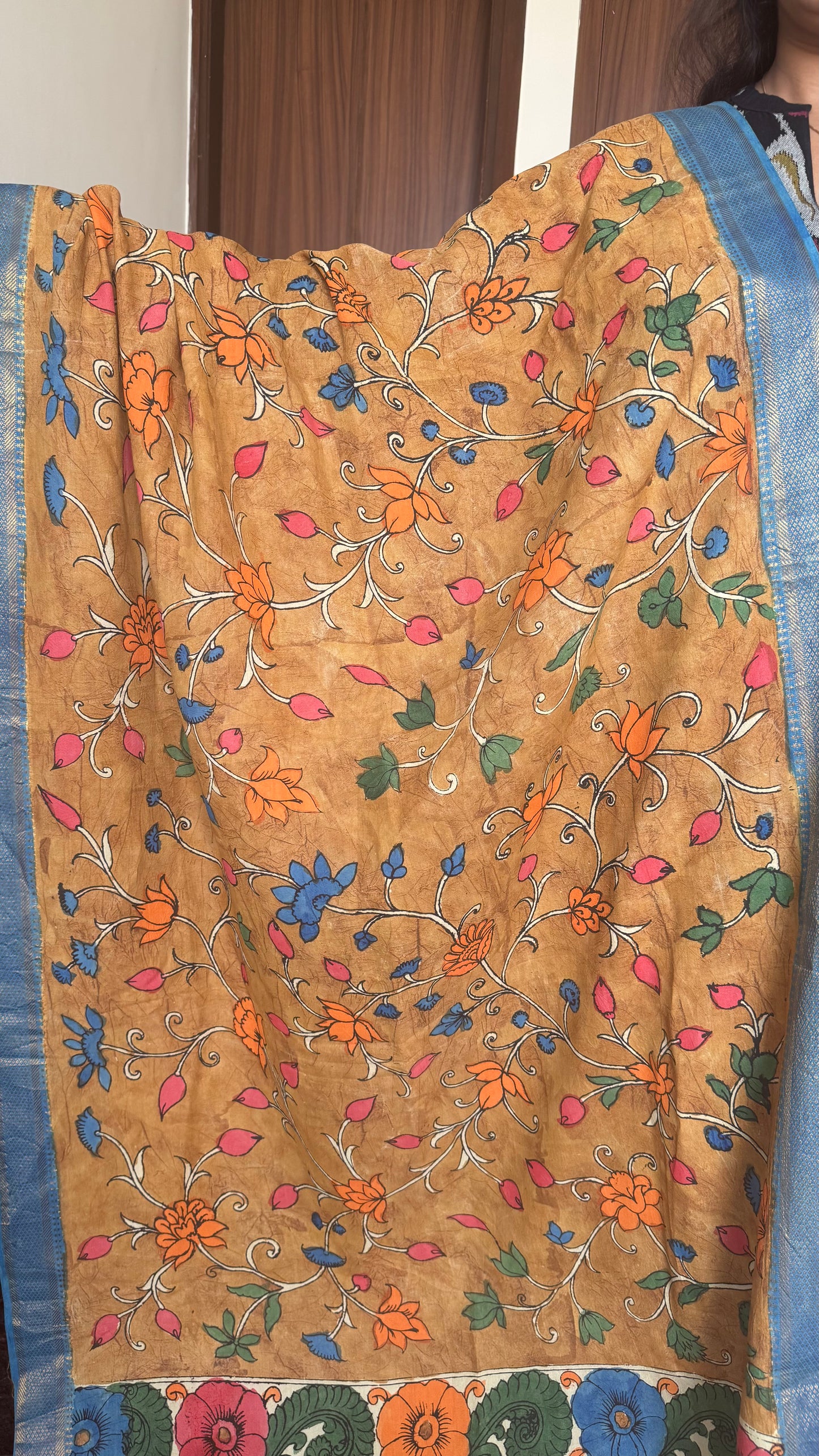 Mustard Multicolour Flowers Hand-painted Kalamkari Bangalore Silk Dupatta with Zari Border
