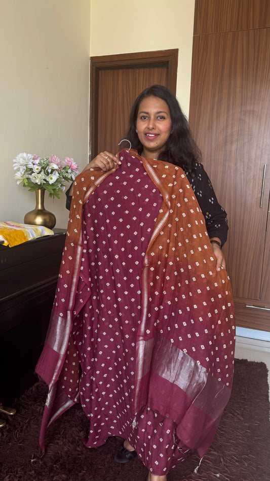 Wine Maroon Shade Mul Chanderi Bandhej Kurta Dupatta with Matching Bottom