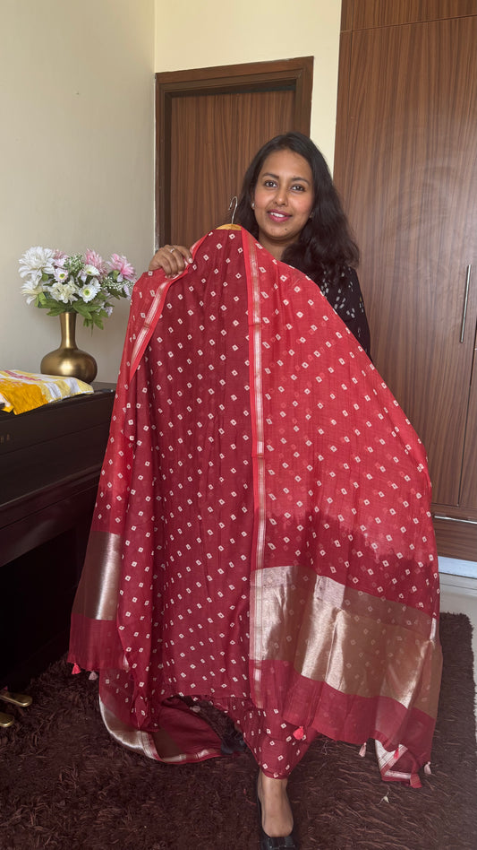 Maroon Shade Mul Chanderi Bandhej Kurta Dupatta with Matching Bottom