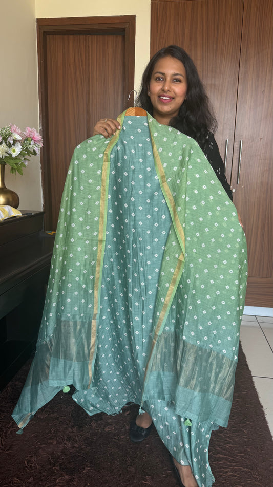 Pista Green Shade Mul Chanderi Bandhej Kurta Dupatta with Matching Bottom