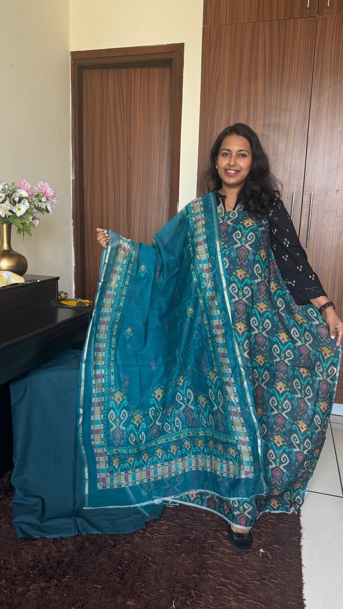 Royal Blue Mul Chanderi Uzbek-Ikkat Print Suit Set-3 Piece