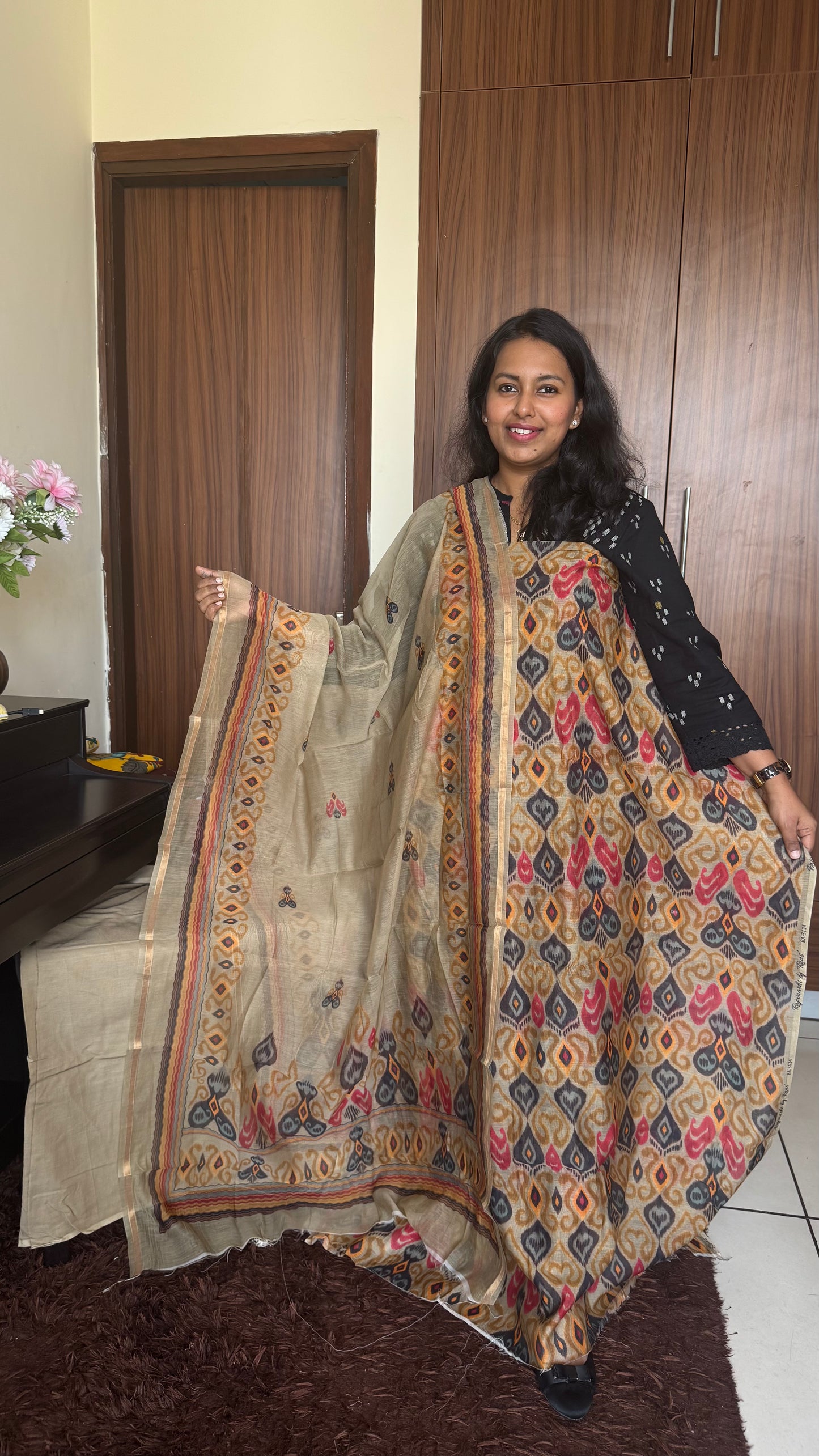 Beige Mul Chanderi Uzbek-Ikkat Print Suit Set-3 Piece